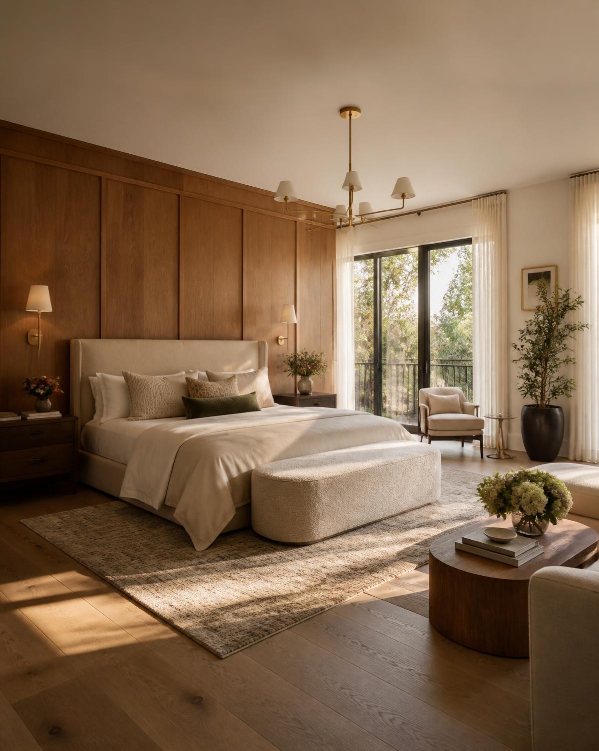 Warm modern primary suite adjoining the spa bathroom